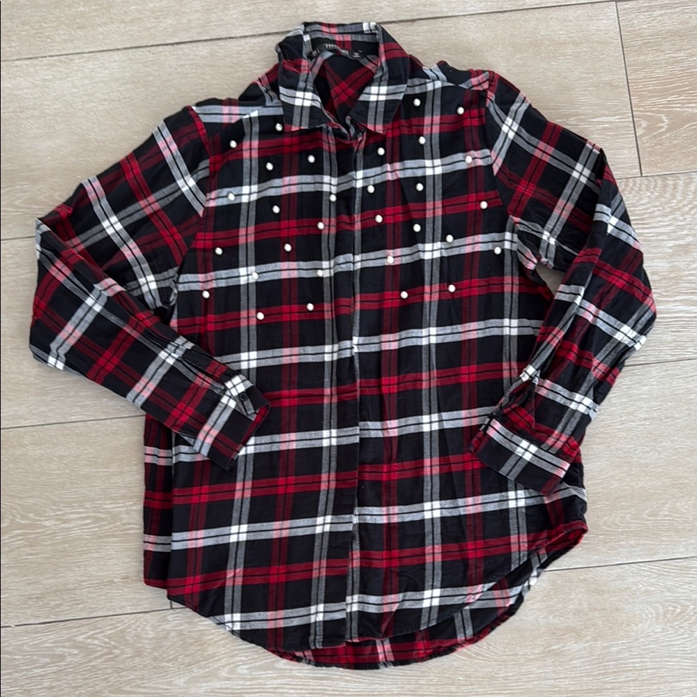 Zara Black and Red Plaid Shirt with pearl detail